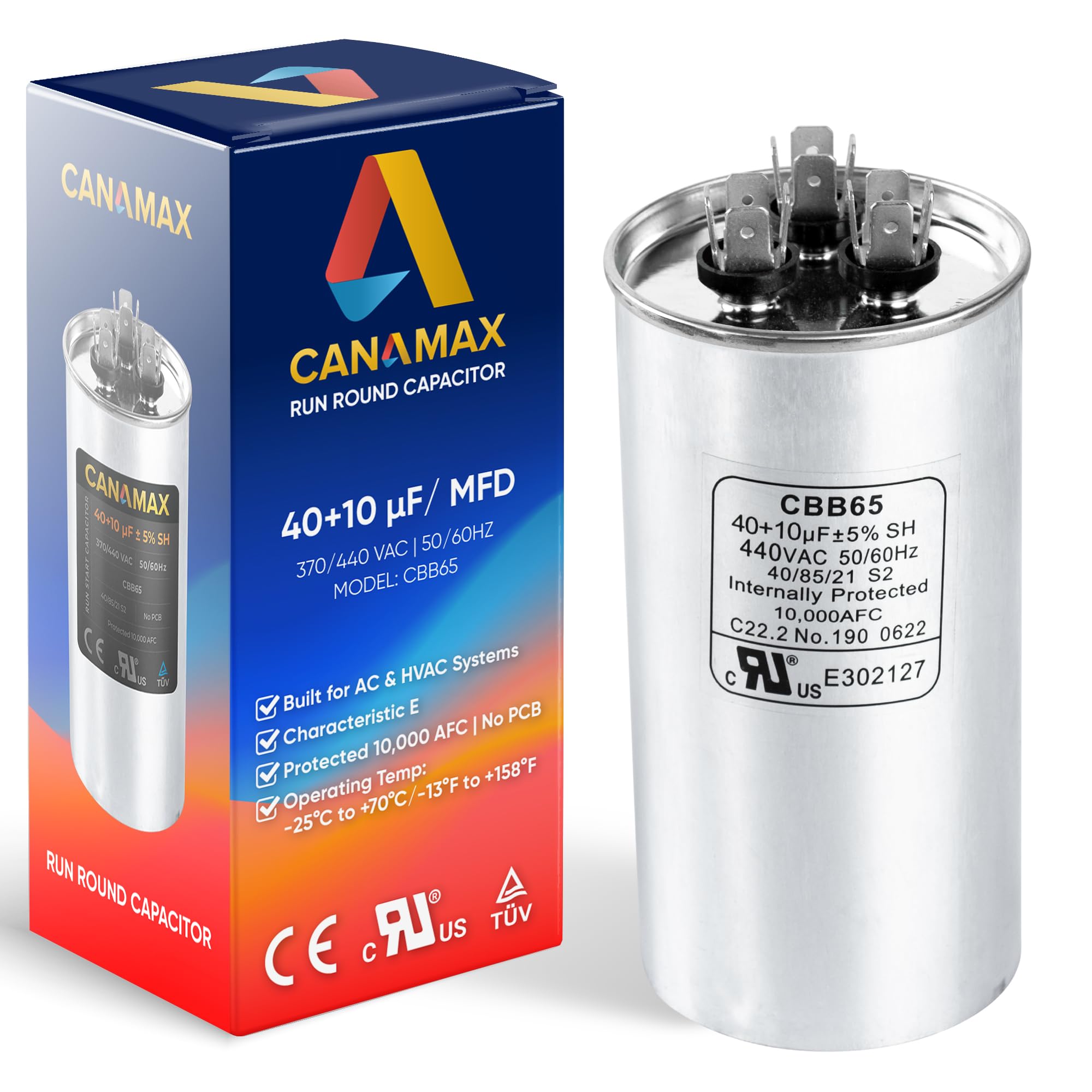 Photo 1 of [Upgraded 2025] Canamax 40+10 uf/MFD 50/60 Hz 370-440 VAC Round Start Capacitor - Compatible with AC Motor Run or Fan Start and Cool or Heat Pump Air Conditioner - C34010 C34010R 12246 100335-50