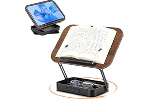 Gugxiom Book Stand for Reading, Adjustable Wooden Book Display Stand with 360° Swivel Metal Base, Foldable Book Holder mit Sm