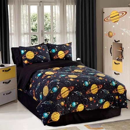 4 Piece Kids Black Sun Moon Stars Comforter Set Outer Space