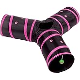 Cat Tunnel - Collapsible 3 Way Play Toy - Interactive Tube Toys for Rabbits, Kittens, and Dogs - Black/Pink