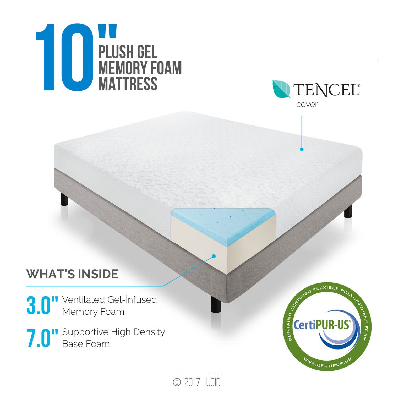 LUCID 10 Inch Gel Infused Memory Foam Mattress Medium Plush Feel