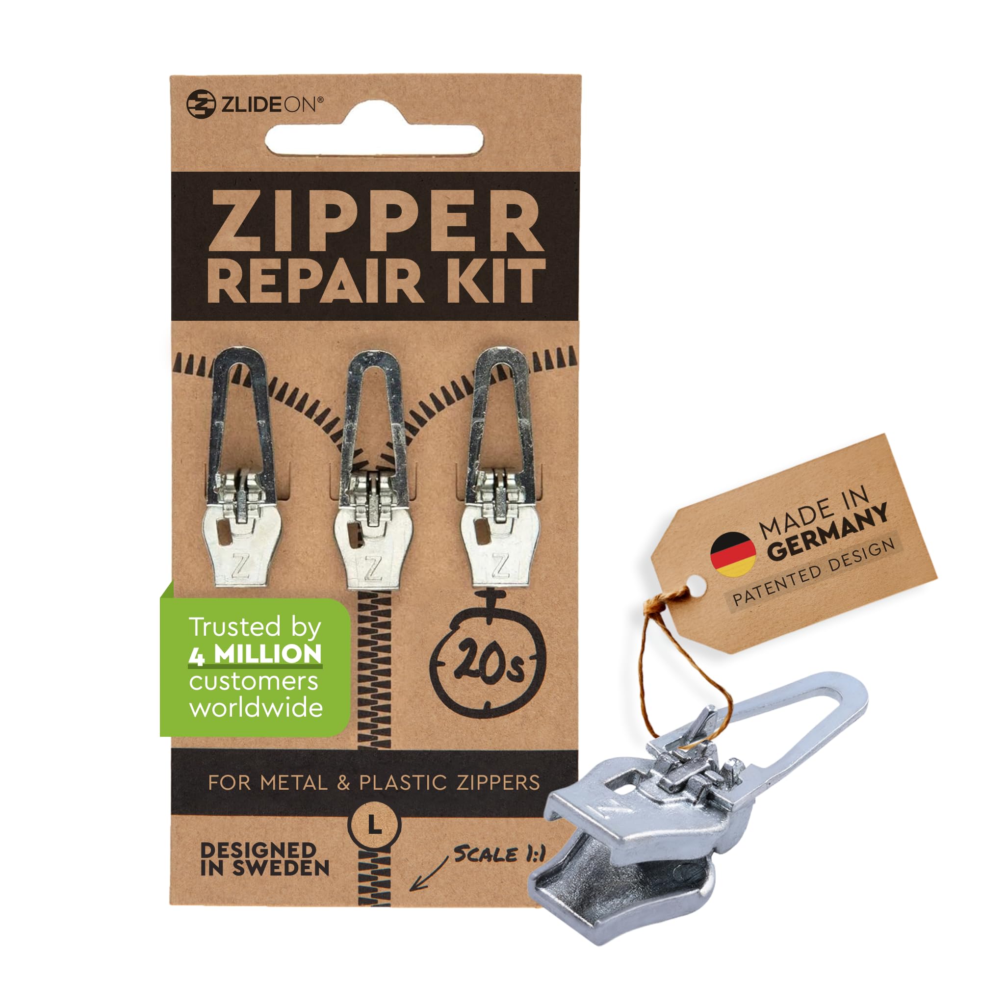 Zlideon Universal Zipper Repair Kit for Plastic & Metal Zippers Multipack - 3pcs, Silver (L) | Instant Zipper Pull Replacement Slider for Jacket, Winter Coat | Easy to Install | Made in Germany