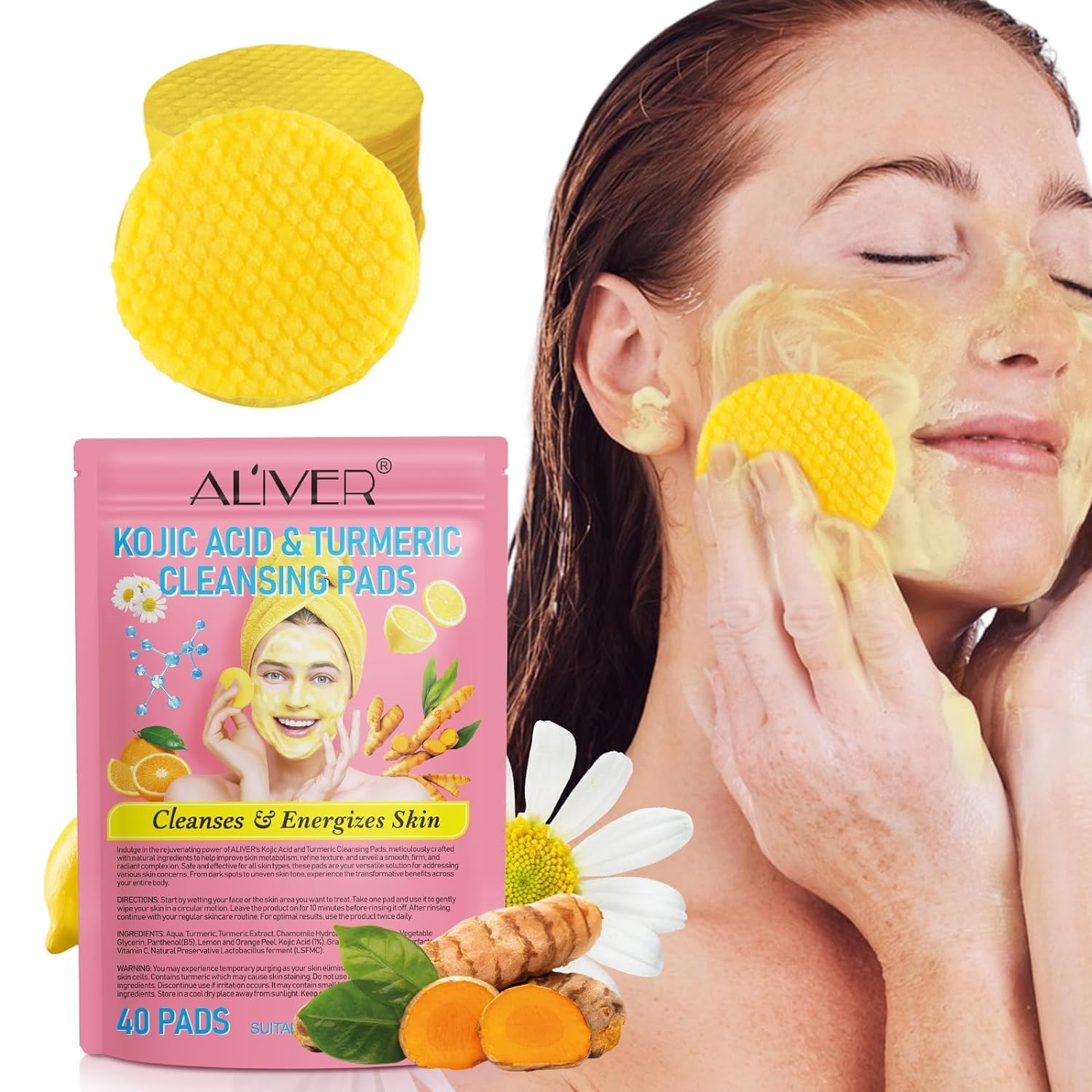 Natural Turmeric & Kojic Acid Cleansing Pads, 40PCS for Dark Spots, Balance Skin Oil And Water, Exfoliating Pads (80PCS)