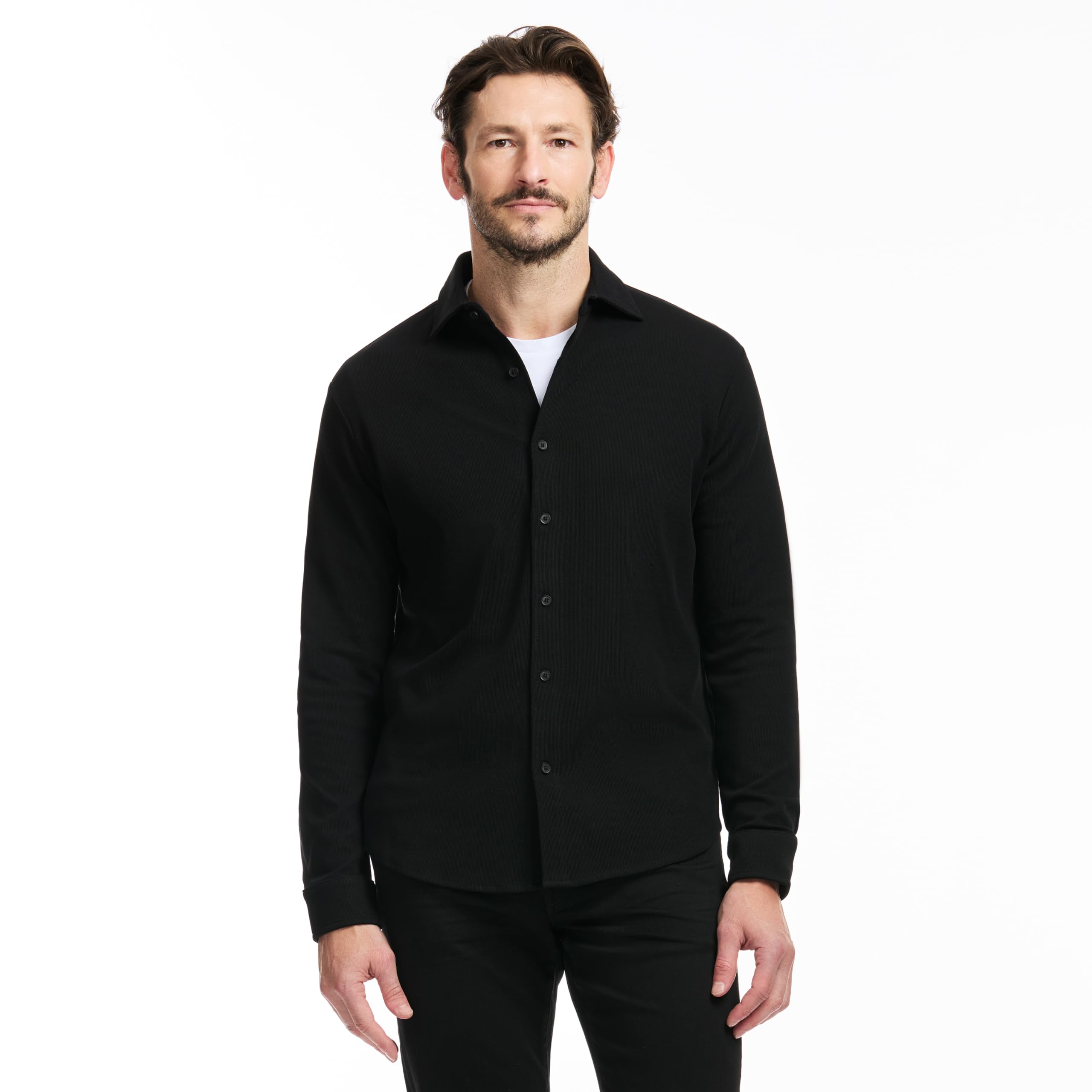 SAKS Fifth Avenue Men’s Long Sleeve Textured Pique Button Down, Premium Cotton Blend Knit Top, Classic-Fit & Richly Detailed, Black, L