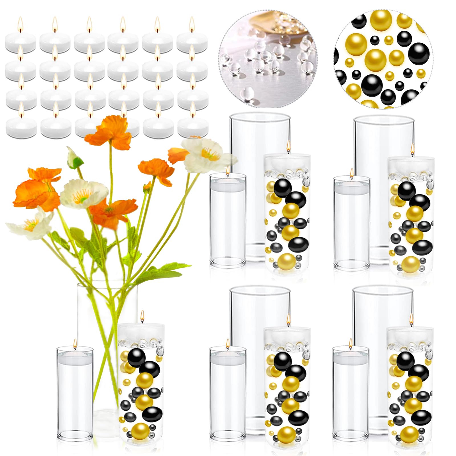 Photo 1 of UDU 12 Set Hurricane Candle Holder Glass Cylinder Vases for Centerpieces with 60000 vase Filler 300 No Hole Pearl 24 Floating Candles Wedding Centerpieces Vases for Table Decor 6''+8''+10'' (High)