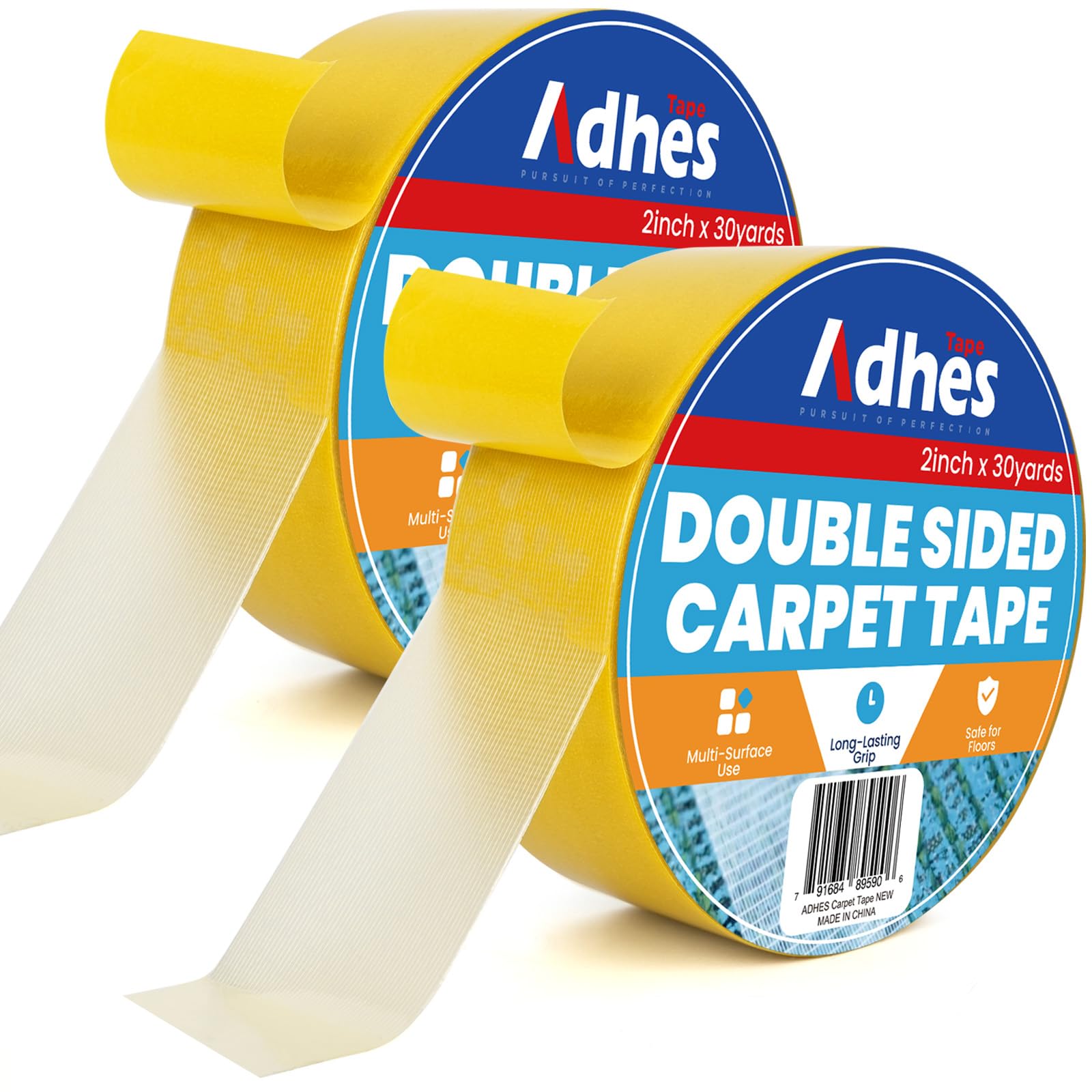 ADHES Heavy Duty Double Sided Carpet Tape, Yellow Gold 50MM x 27M x 2Roll Removable and Residue-Free Non Slip Rug Gripper for Hardwood Floors, Tape for Rugs Carpet Grippers and Anti-Slip Grips