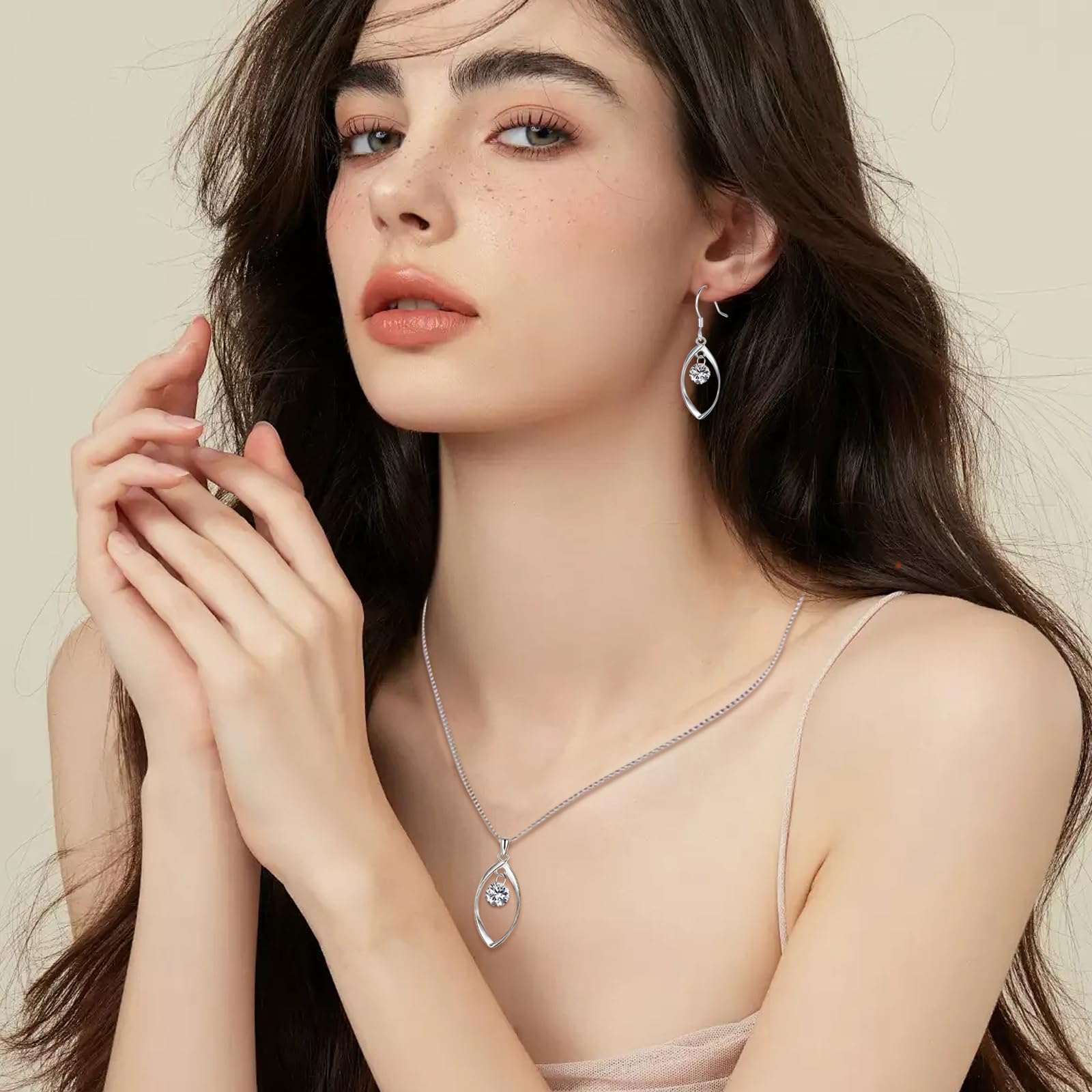 Zolkamery Silver Jewellery Set for Women, 925 Sterling Silver Women's Jewellery Sets with White Zirconia, Fashion Twist Pendant Necklace & Hook Dangle Earrings Set, Gift for Wife on Valentine’s Day