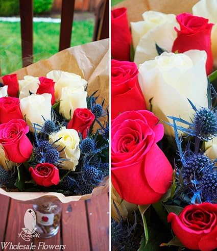 Amazon Com Rosanti Fresh Bouquets 21 Beautiful Flowers Roses Eryngium Free Delivery Garden Outdoor