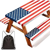 NUOLAN 6FT Picnic Table Cover with Bench Covers, American Flag Waterproof Windproof Fitted Tablecloth with Elastic, Patriotic 4th of July 250th Anniversary Outdoor Camping Table Decor, 72x30 Inch