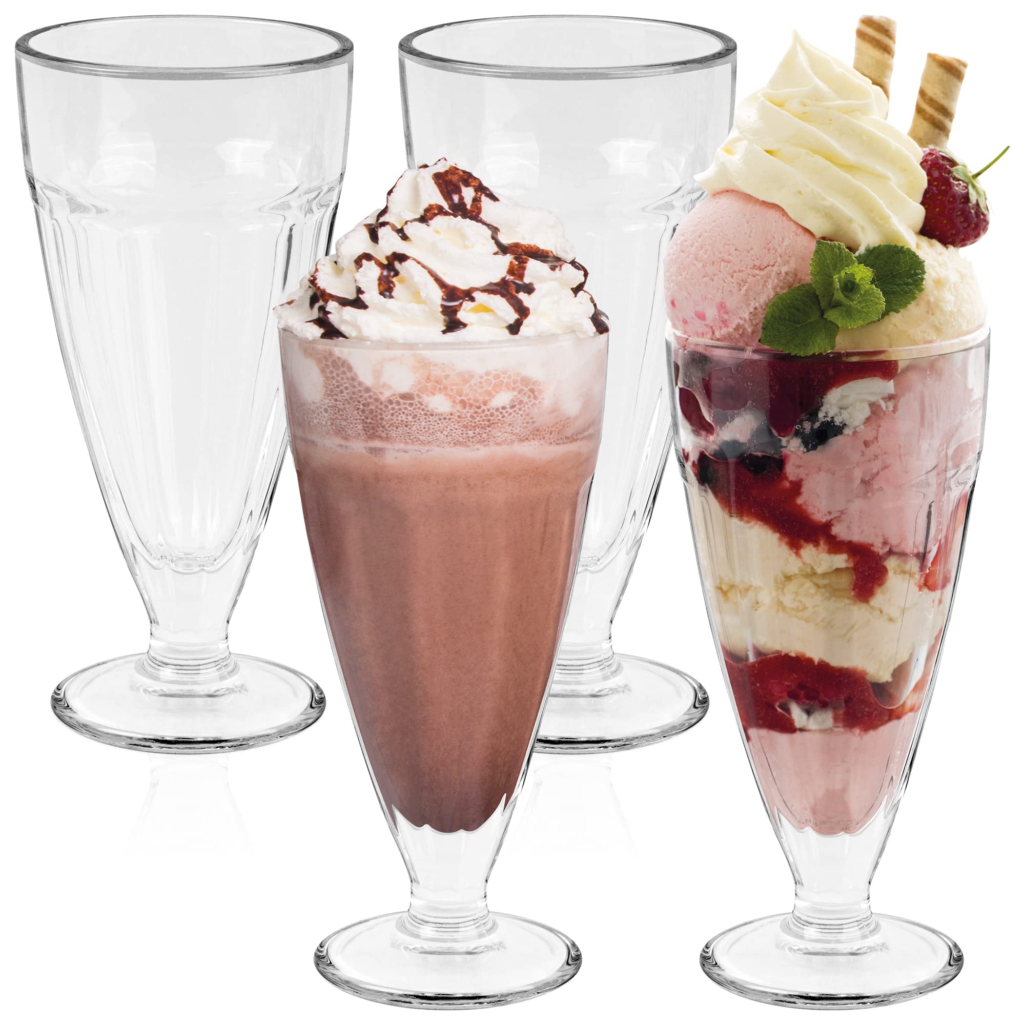 HEFTMAN Ice Cream Sundae Glasses - Set of 4 Tall 350ml Milkshake Glasses with Classic Clear Design - Retro American Diner Style Knickerbocker Glory Glass, Dishwasher Safe, Ideal for Dessert (4 PCS)