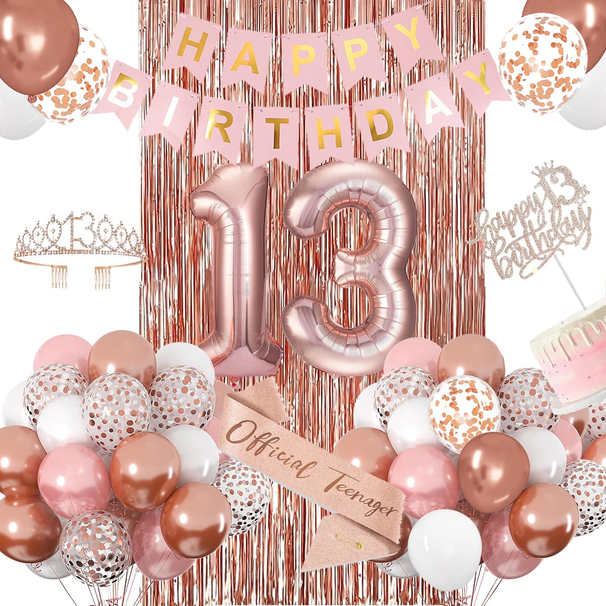 Photo 1 of 13th Birthday Decorations for Girls, Rose Gold 13th Birthday Banner, Balloon, Cake Topper, Sash and Crown, Happy 13th Birthday Party Decorations for Girls