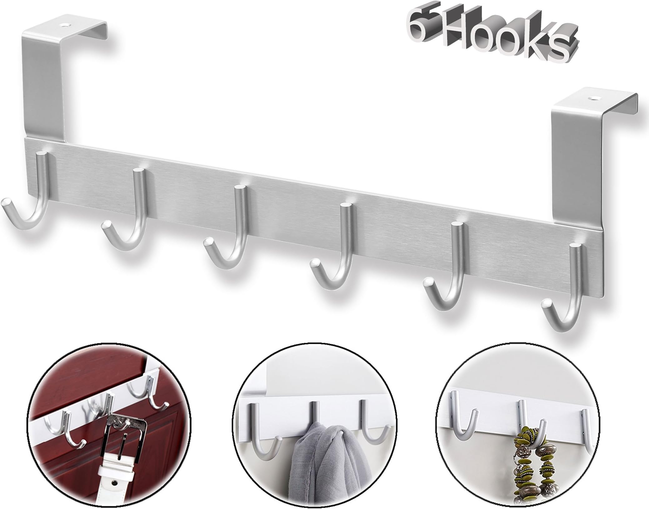 WYTartist 5 Hooks Over Door Hanger, Urltra-Light Aluminum DIY Door Hanger for Hanging Coat Clothes Hat Towel Bag (Sliver)