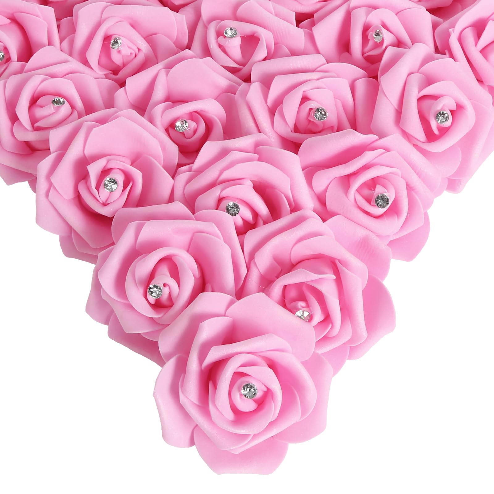Photo 1 of IPOPU 100pcs Pink Foam Rose Artificial Flower Bulk with Crystal 3in Real Looking Stemless Fake Roses for DIY Craft Wedding Bouquets Wall Decoration Bridal Shower Arrangement Home Decorations(Pink)