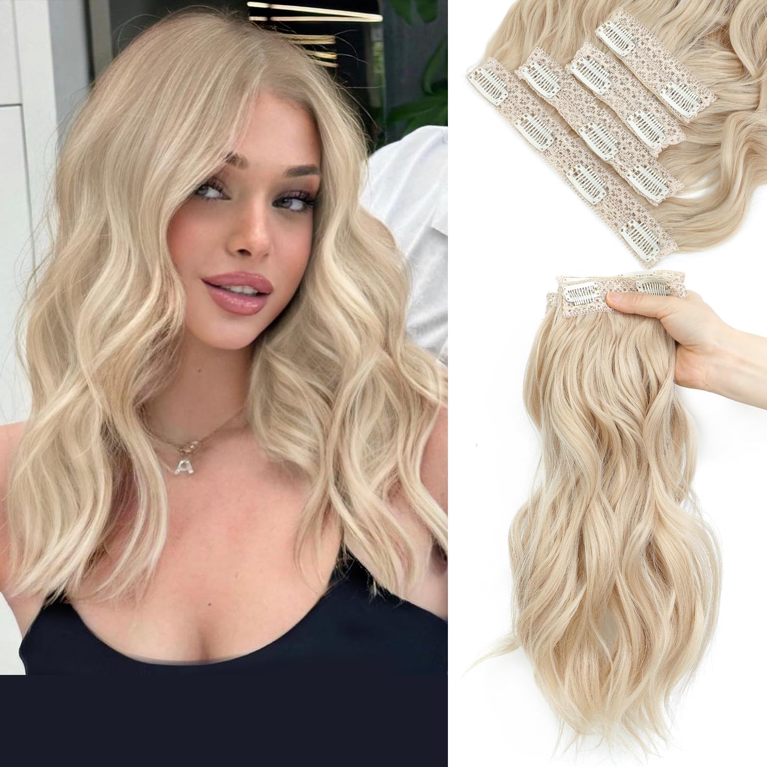 FINE PLUS Hair Extensions Clip in, 4PCS Clip in Hair Extension 14" Short Beach Pearl Blonde Wavy Hair Extensions Invisible Lace Weft Natural Soft Hair pieces for Women(Cream Blonde)