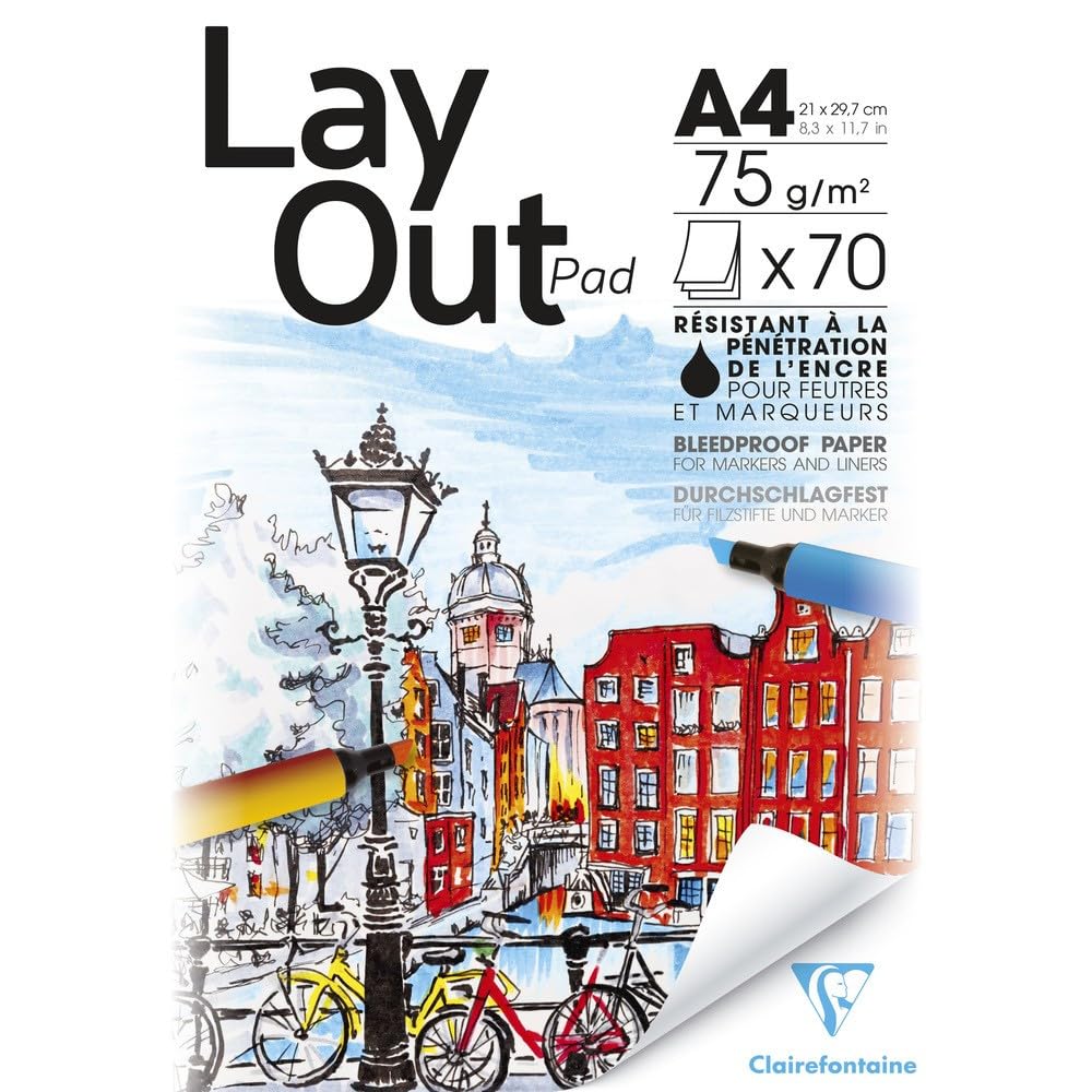 Clairefontaine - Ref 96533C - Layout Glued Pad (70 Sheets) - A4 (210 x 297mm) in Size, 75gsm Extra White Smooth Paper, Bleedproof Paper - Suitable for Pens & Alcohol Markers