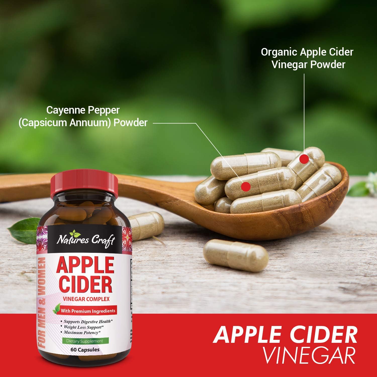 Natures Craft Apple Cider Vinegar Pills – For Weight Loss ACV Capsules Extra Strength Fat Burner Natural Supplement Pure Detox Cleanse Appetite Suppressant Immune Booster – for Women and Men 60 caps: Health & Personal Care