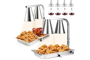 Restlrious Food Heat Lamp Freestanding Commercial Dual Head Food Warmer 2 Pack with Full & Half Food Pans, Stainless Steel 120V Electric Food Heat Lamp with 8 Bulb in 250W for Food Service