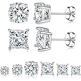 6 Pairs 925 Sterling Silver Stud Earring Set, 18K Gold Plated Princess Round Cut Clear Cubic Zirconia Hypoallergenic Earrings Pack for Women and Men