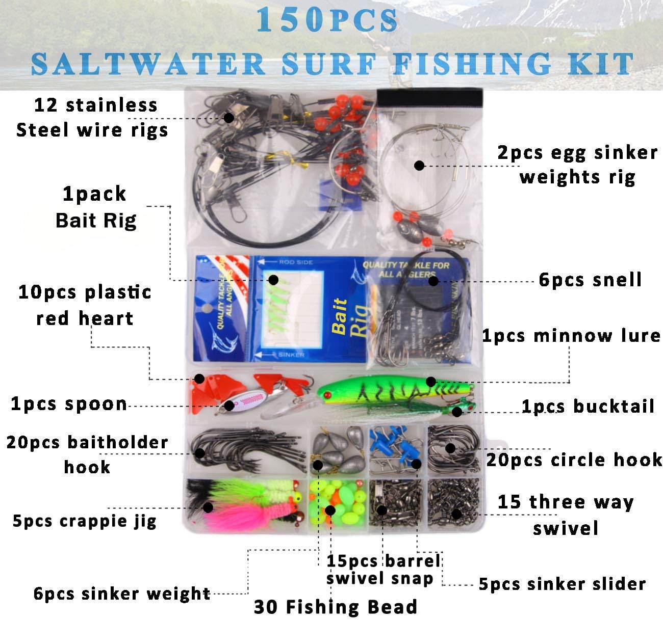 150pcs Saltwater Fishing Lures Surf Fishing Tackle Kit - Fishing Bait Rigs, Fishing Circle Hooks, Fishing Swivel Snaps, Hard Bait Minnow, Bucktail Jig, Metal Spoon, Sinker Weight, Various Accessories: Home Improvement