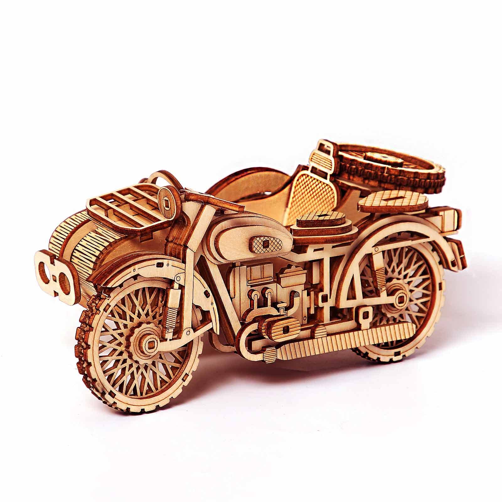Motorcycle With Sidecar 3D Puzzle - Wooden Model Kit for Adults - Retro Design Tricycle Motorbike Building Set