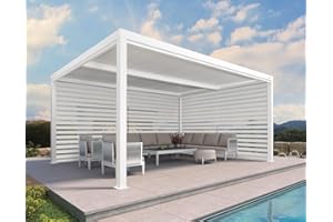 PURPLE LEAF Outdoor Louvered Pergola 12' x 16' White Aluminum Pergola with Roller Blinds Adjustable Rainproof for Patio Backyard Garden, 1 Long Side and 1 Short Side