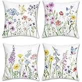 Bonhause Spring Floral Throw Pillow Covers 18 x 18 Inch Garden Flowers Birds Decorative Pillows Soft Velvet Outdoor Cushion Cases for Couch Sofa Bed Home Decor Set of 4