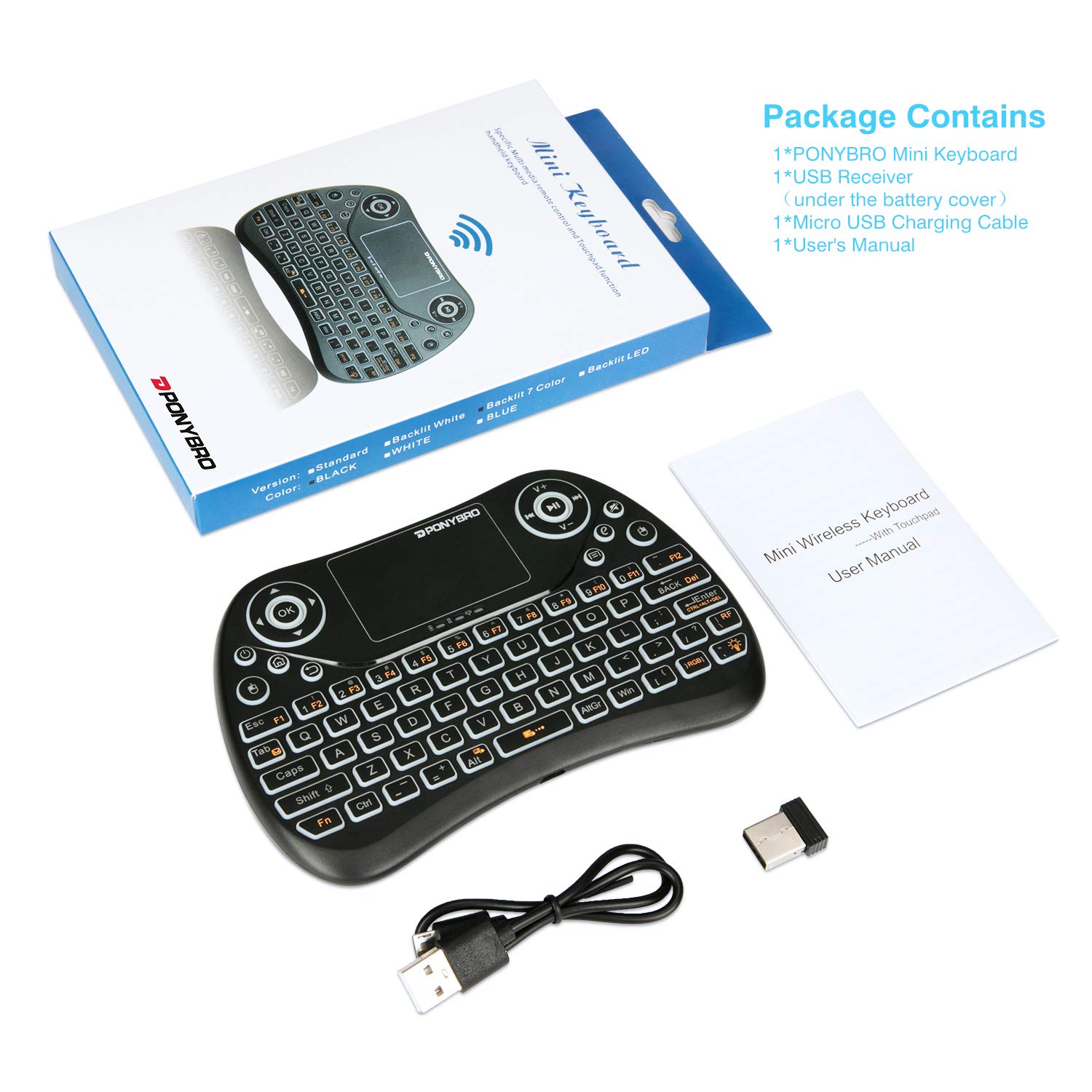 (Newest Version) PONYBRO Mini Wireless Keyboard with Touchpad Mouse,Backlit Remote Keyboard, Portable Handheld Keyboard Wireless Small Keyboard for Android,Windows,Mac OS,Linus.PC,TV,Notebooks.(MK1)