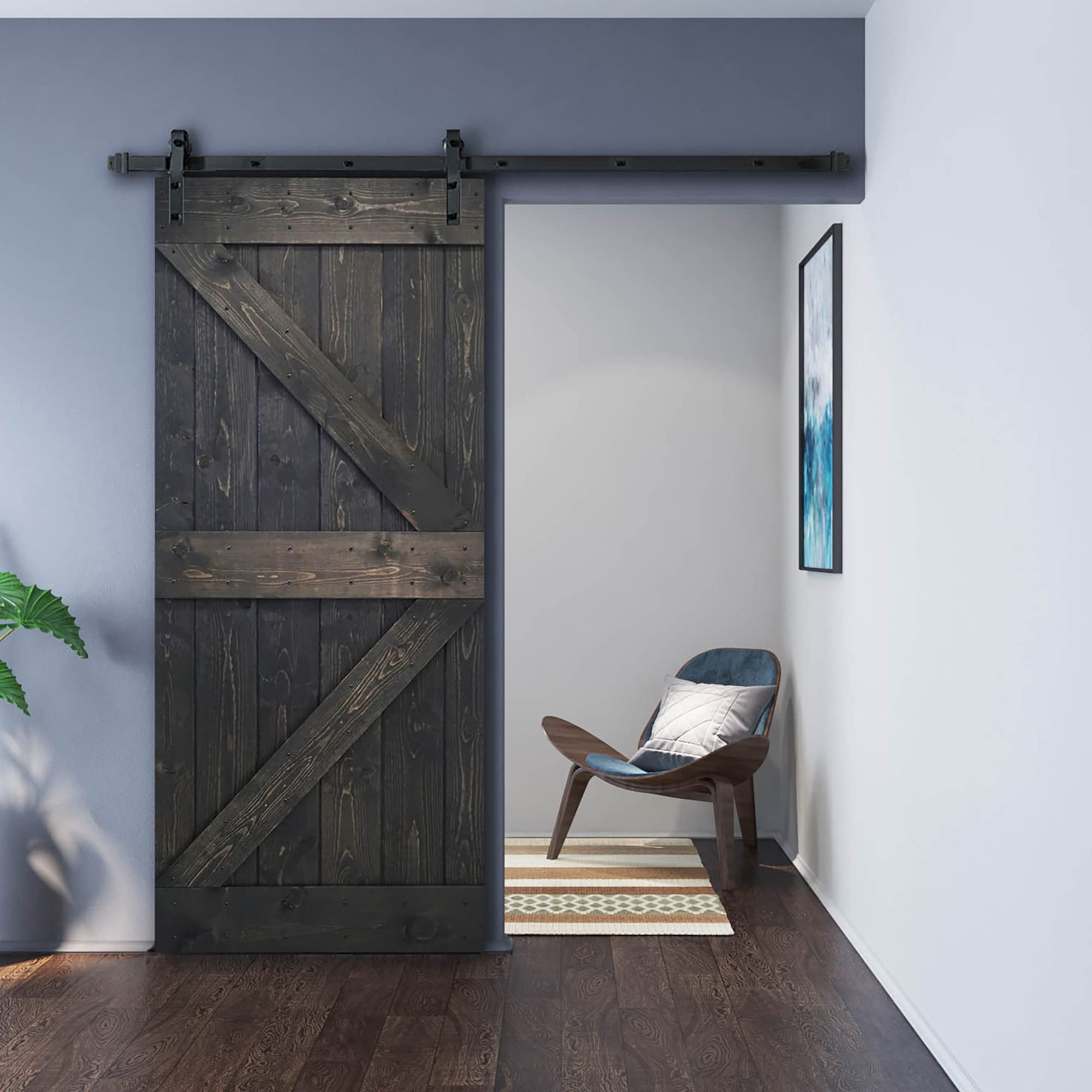 36in X 84in K Series Ebony DIY Solid Interior Knotty Wood Painted Barn Door with 6.6FT Sliding Hardware Kit
