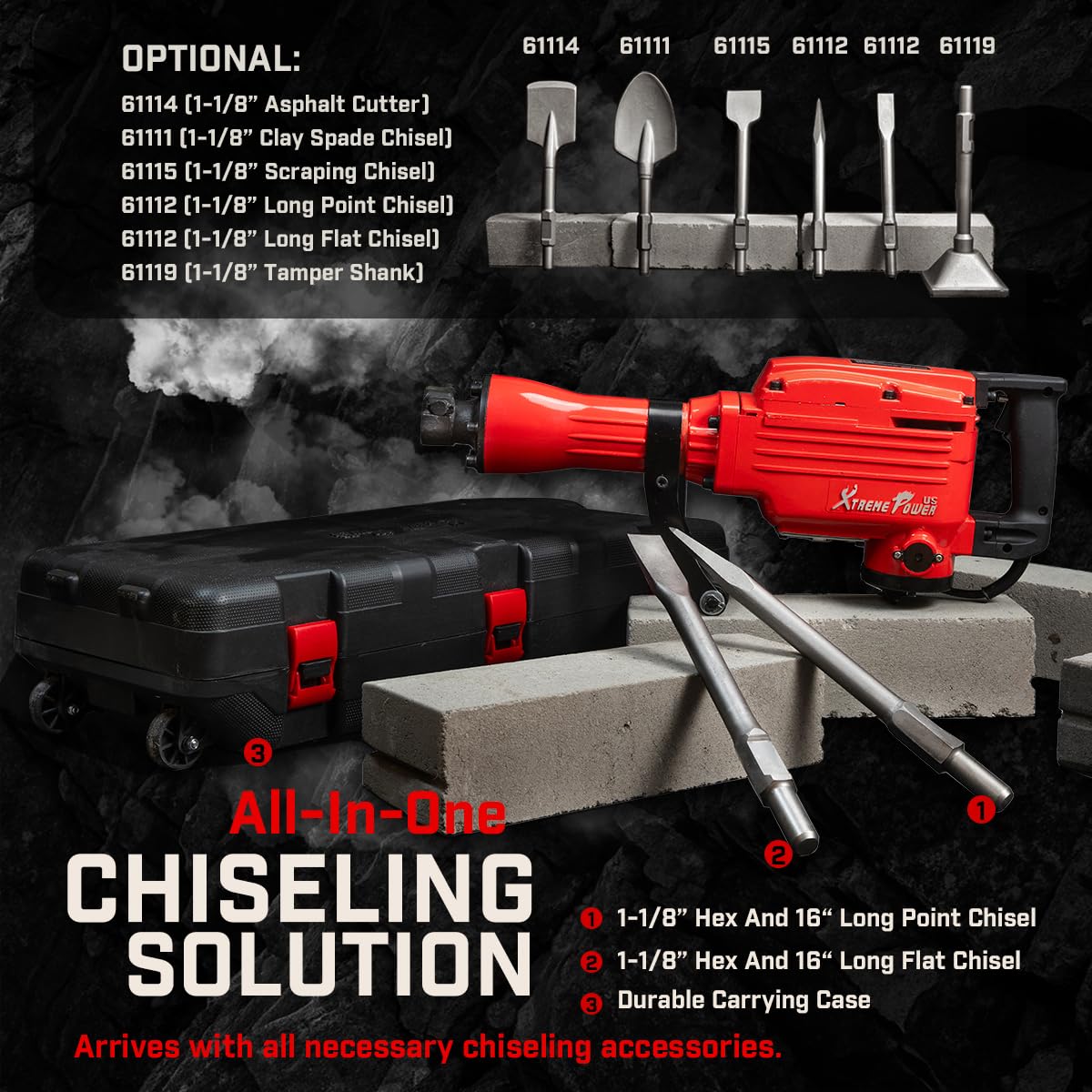 thumbnail image 2 of 2200W Electric Demolition Jack Hammer Concrete Breaker – 66J Impact, 4 Chisel Bits Included (JH-65A) 2 of 6