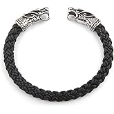 BAVIPOWER Handcrafted Fenrir Wolf Head Torc Bangle Bracelet Flexible Genuine Leather Stainless Steel Norse Scandinavian Bracelet Authentic Viking Men Bracelet