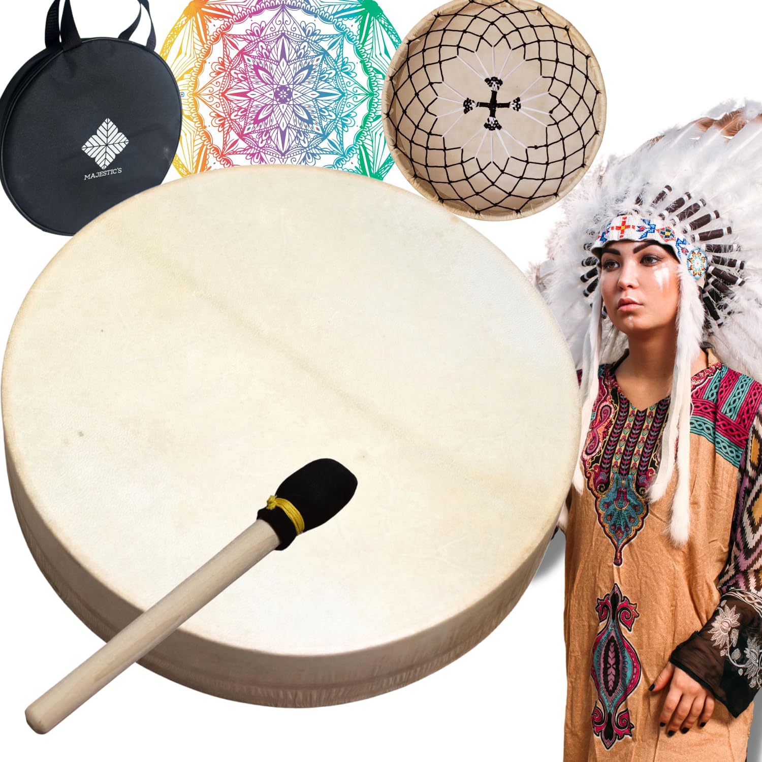 Indian Shamanic Wooden and Goatskin Drum 30 cm Handmade for Shamanic Rituals and Meditation + Beater