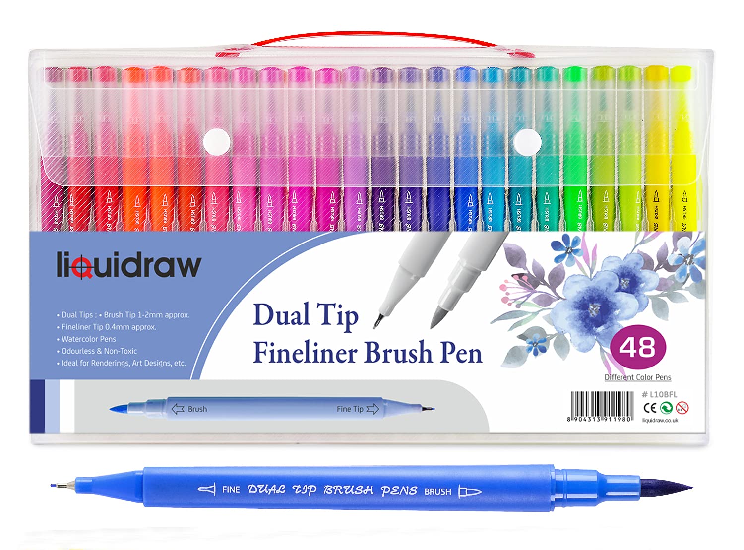 Liquidraw Dual Tip Brush Pens Fineliner Colouring Set Fineliners Coloured Watercolour Markers In Case For Adult Colouring Books, Sketching, Painting, Calligraphy, Drawing & Lettering (48)