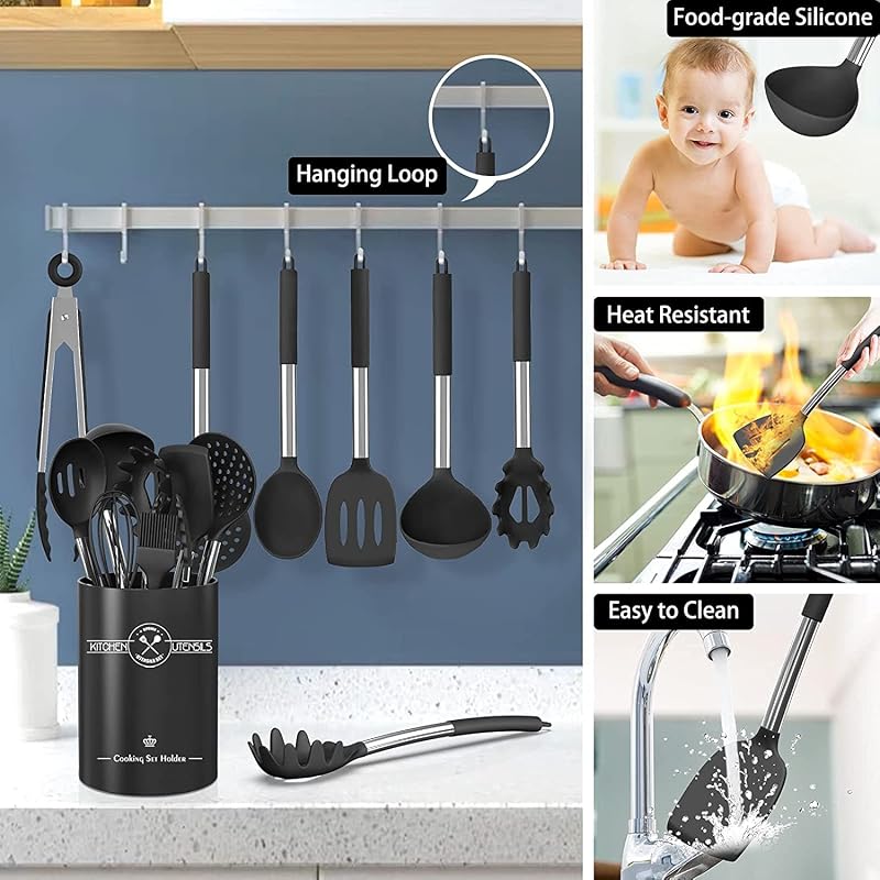 16-teiliges Silikon-Küchen-Kochgeschirr-Set, Hitzebeständiges Utensilien Mit Hochwertigen Edelstahlgriffen Zum Kochen Und Backen, Antihaft-Spachtel-Küchenhelfer — Foto 3 von 7