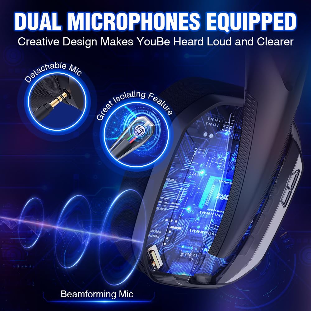 Wireless Gaming Headset for PC, PS5, PS4, Mac, Switch, Bluetooth Over-Ear Headphones with Detachable and Built-in Mics, Low Latency, Lightweight, 48H Battery, Noise Isolation - Black
