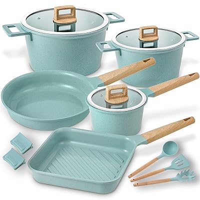 Cookware Set Non-Stick Scratch Resistant 100% PFOA Free Induction Pots and Pans Set with Cooking Utensil Pack -13 - Jade