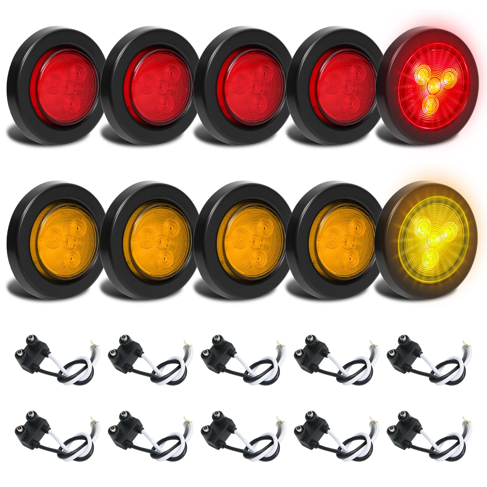 Photo 1 of 10Pcs 2 inch Round Led Trailer Marker Lights - Led Side Marker Lights with 2 Prong Plug, IP67 Waterproof Clearance Lights for Truck Camper RV, Flush Mount, [DOT Approved], 12V, (5 Red + 5 Amber)
