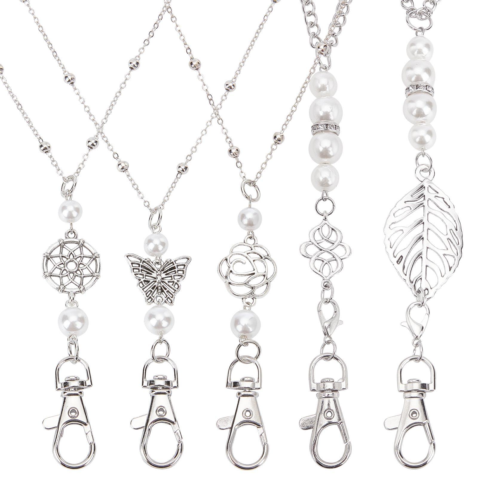 SUNNYCLUE 5 Styles ID Necklace Lanyard Chain Badge Necklaces DreamCatcher Butterfly Beaded Lanyard Imitation Pearl Beads Badges Lanyard Breakaway Badge Holder for Teachers Nurse School Office Keys