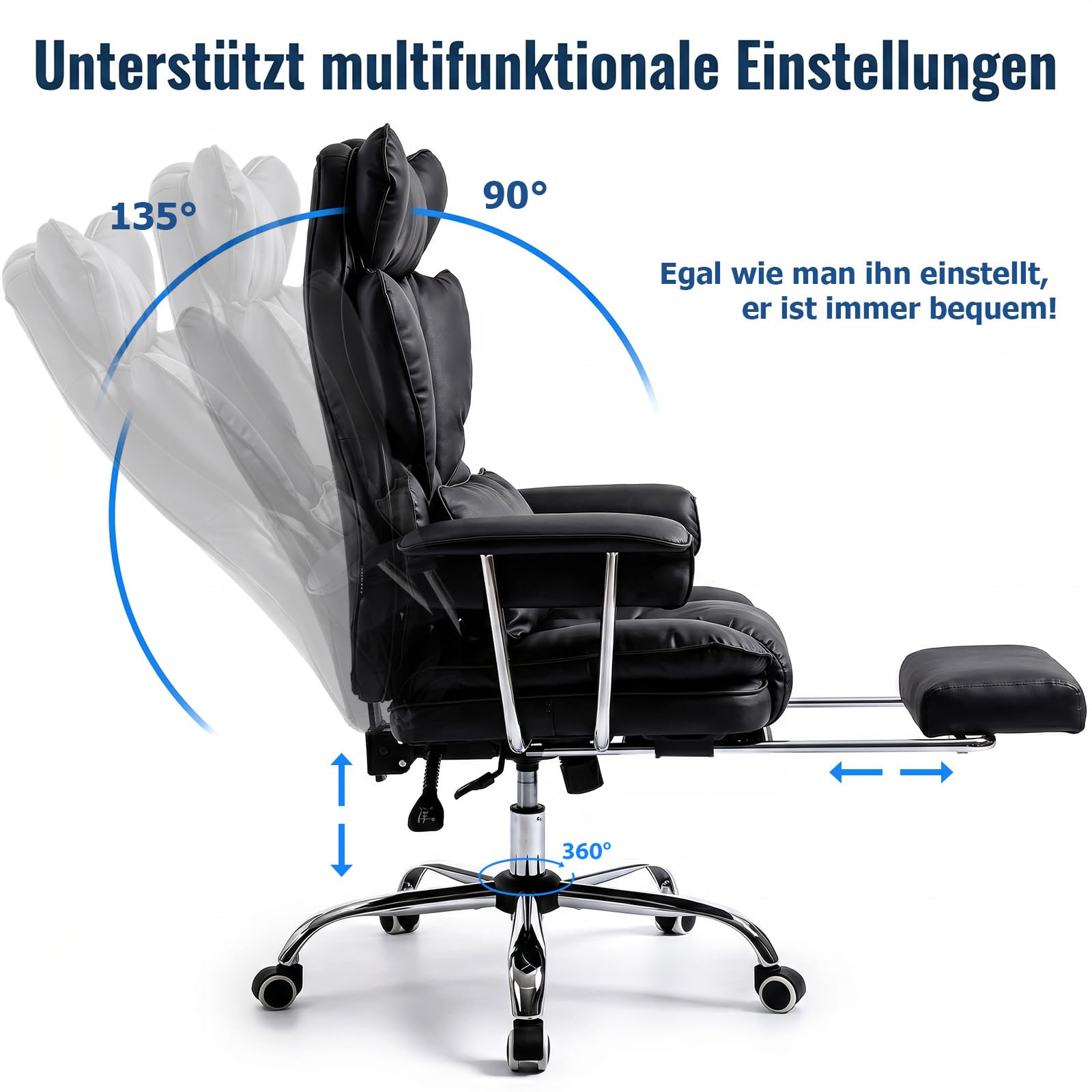 Ergonomischer Chefsessel Bürostuhl Gaming Stuhl Hochlehner mit Fußstütze &verstellb. Lendenstütze, 200 kg belastbar, Extra breiter Sitz,90°–135° Rückenlehne, Polsterung, Modern Büro/Homeoffice,Schwarz 4