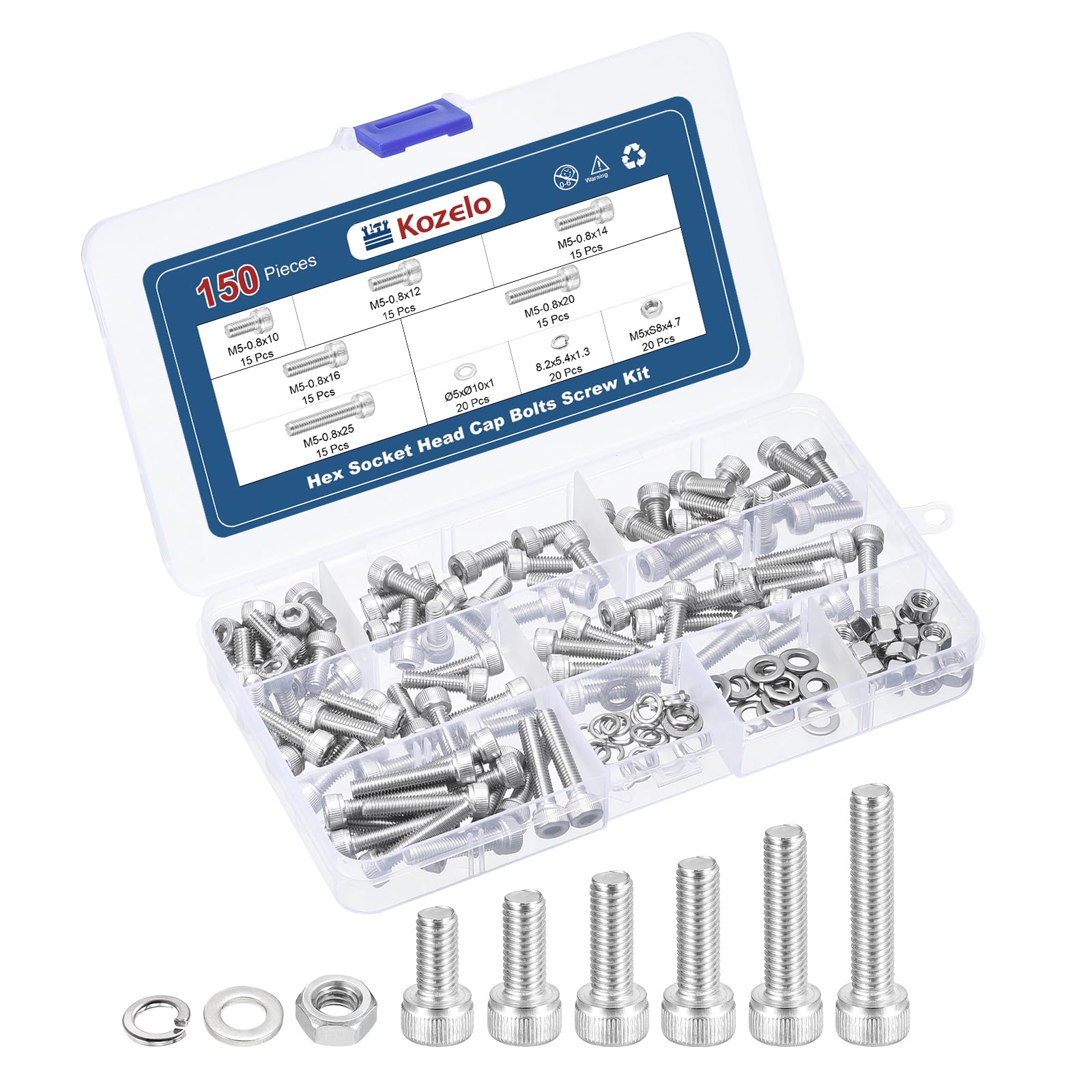Kozelo 150pcs M5 Socket Head Cap Screws Bolts Nuts Assortment Kit - [M5x10/12/14/16/20/25mm] 304 Stainless Steel Allen Socket Drive for 3D Printer — image 1