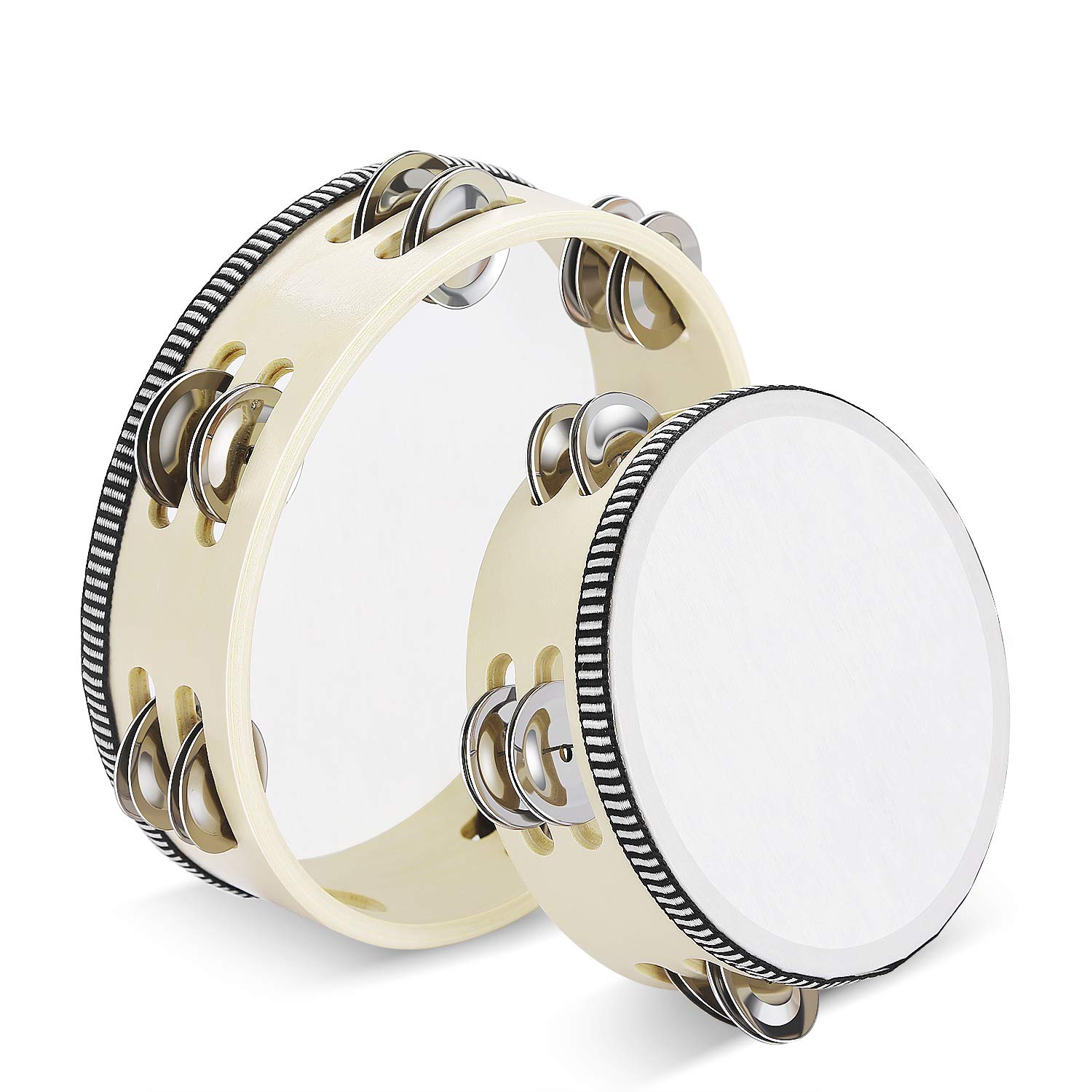 Flexzion 2 Pack Wood Handheld Tambourines - 8 + 6 Inch Set with Double Row Metal Jingle Bell (Wood) Hand Held Tambourine Percussion Drum Moon Musical Instrument