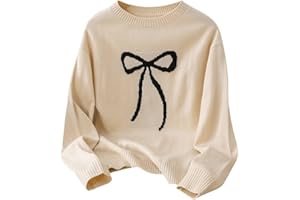 BEAUDRM Girl's Bow Sweater Crew Neck Cute Sweaters Long Sleeve Knit Pullovers Sweater