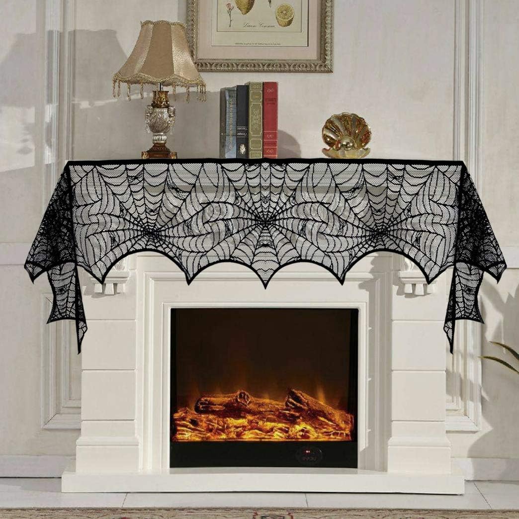 5pack Halloween Decorations Tablecloth Runner Black Lace Round Spider Cobweb Table Cover Fireplace Mantel Scarf Spiderweb Fireplace Scarf Spider Lampshade with 36pcs Scary 3D Bat for Halloween Party: Kitchen & Dining