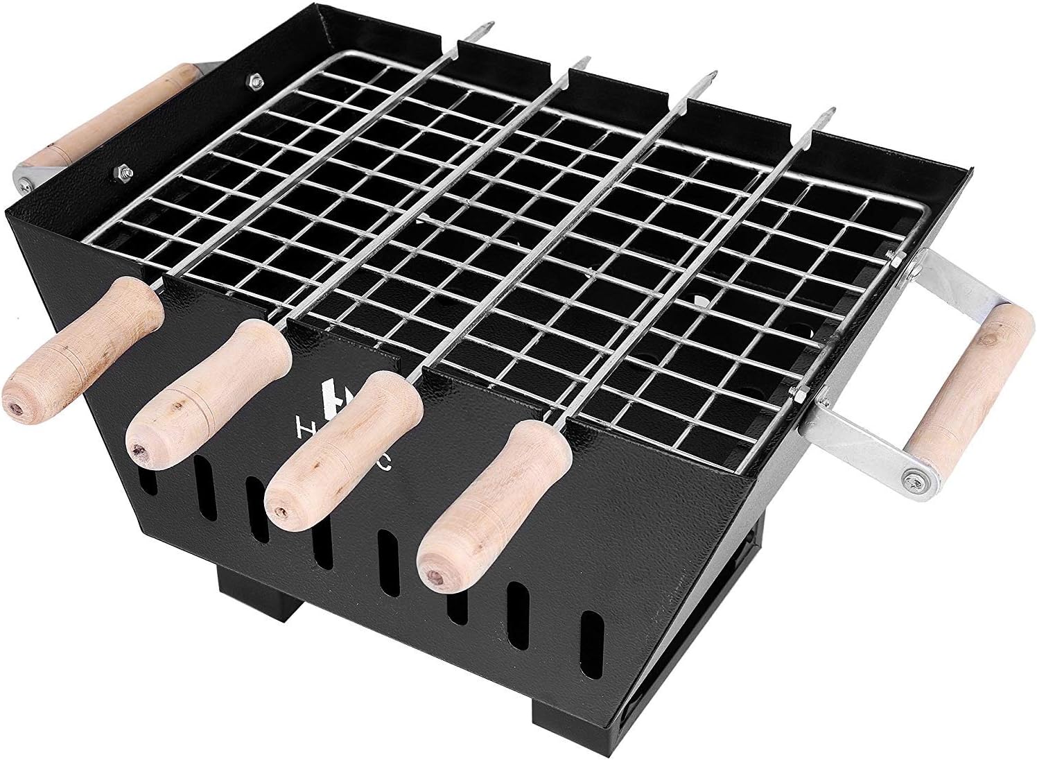Escon BBQ1 Portable & Picnic Metal Barbeque With 4 Skewers (Wooden Handle), 1 Iron Grill & 1 Packet Of Charcoal