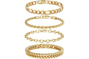 UHIBROS 316L Stainless Steel Mens Chain Bracelet, 18K Gold Fashion Sturdy Metal Link, Silver Black Cuban/Figaro/Paperclip/Rope Jewelry Gift Set for Men, Women, Dad, Father, Boyfriend, Girlfriend