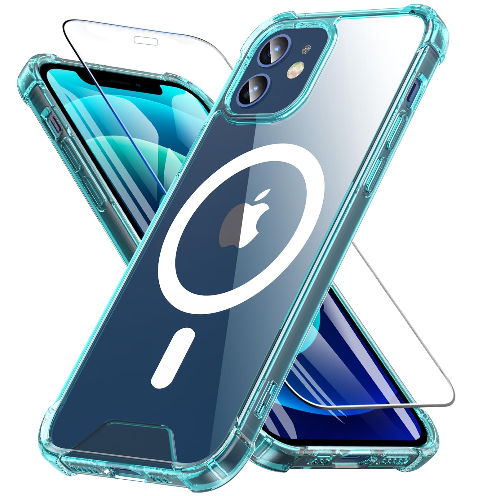 Fin2feel Magnetic for iPhone 12/iPhone 12 Pro Case with Screen Protector, Compatible with MagSafe, Airbag Anti-Fall Protective Phone Case Shockproof Cover for iPhone 12/iPhone 12 Pro (Clear Blue)