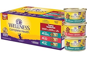 Wellness Complete Health Tasty Textures Gravy & Minced Adult Wet Cat Food, Natural, Protein-Rich, Grain Free, 3 Ounce, 12 Pack, (Salmon, Tuna, and Chicken Variety Pack)