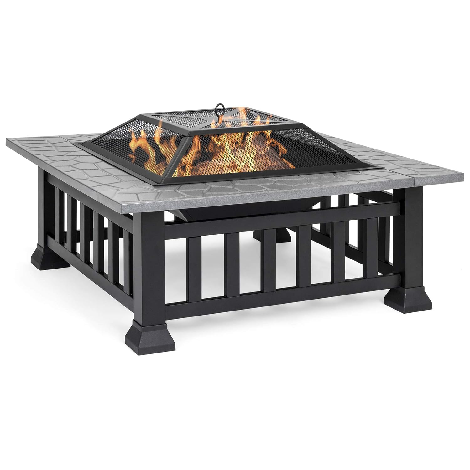 Best Choice Products 32in Outdoor Patio Metal Square Fire Pit Table BBQ Grill Wood for Backyard, Camping, Picnic, Bonfire w/Screen Cover, Weather Protector Cover, Poker, Stone Slate Finish – Black