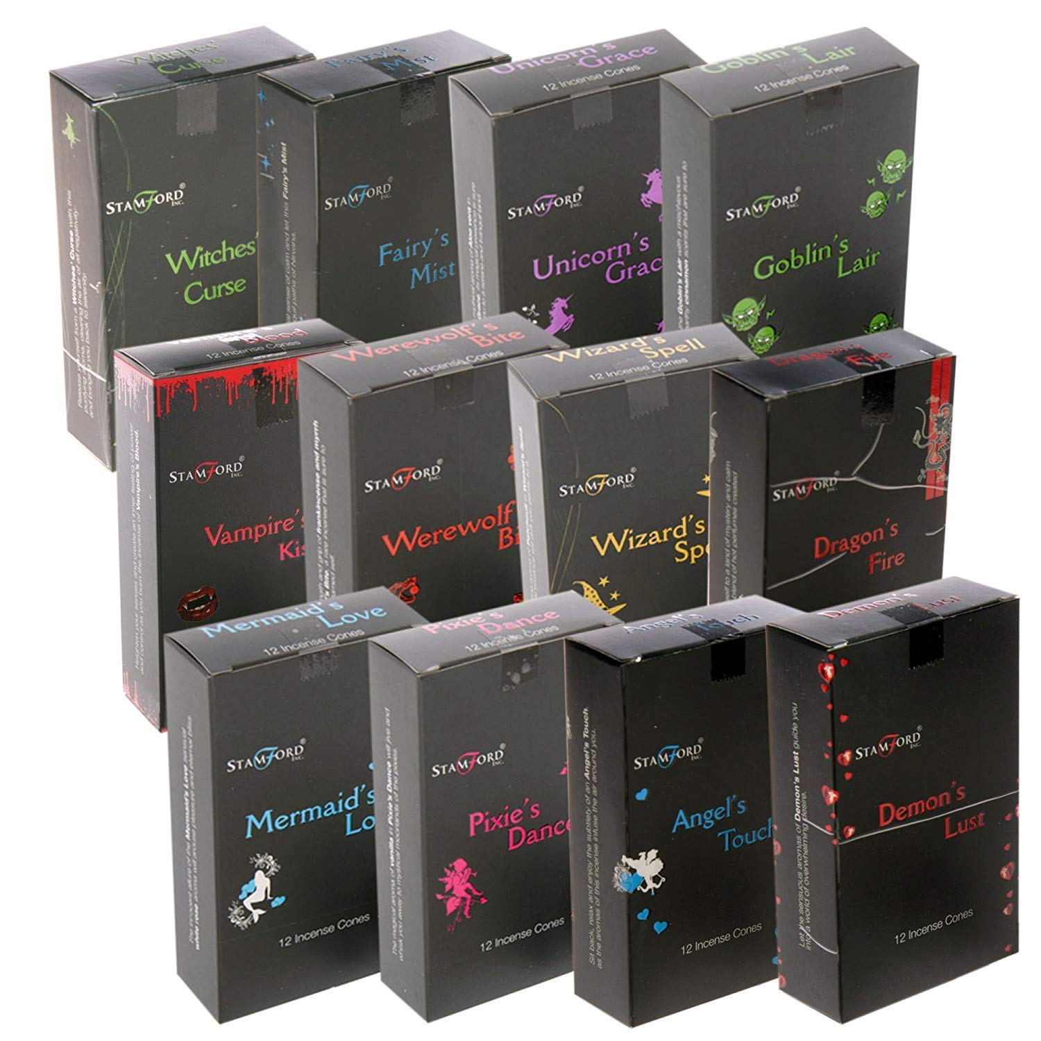 Stamford Black Incense Cones 144 (12 Boxes, 12 Cones) Mixed Sampler Pack (MIXED VARIETY BOX) 37352