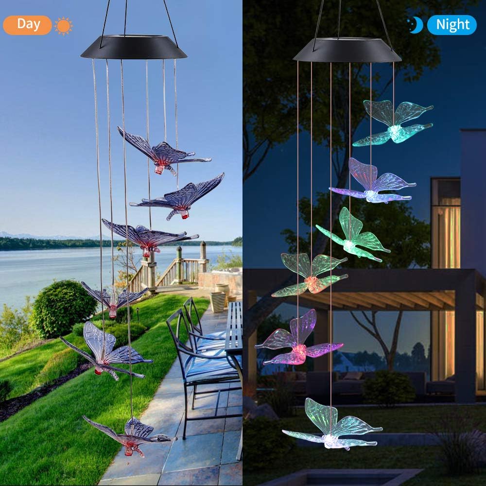 ecoeco LED Solar Butterfly Wind Chime, Wind Chimes Outdoor Changing Color Waterproof Six Hanging Lights Wind Chimes Solar Mobile for Home Party Night Garden Decoration : Garden & Outdoor