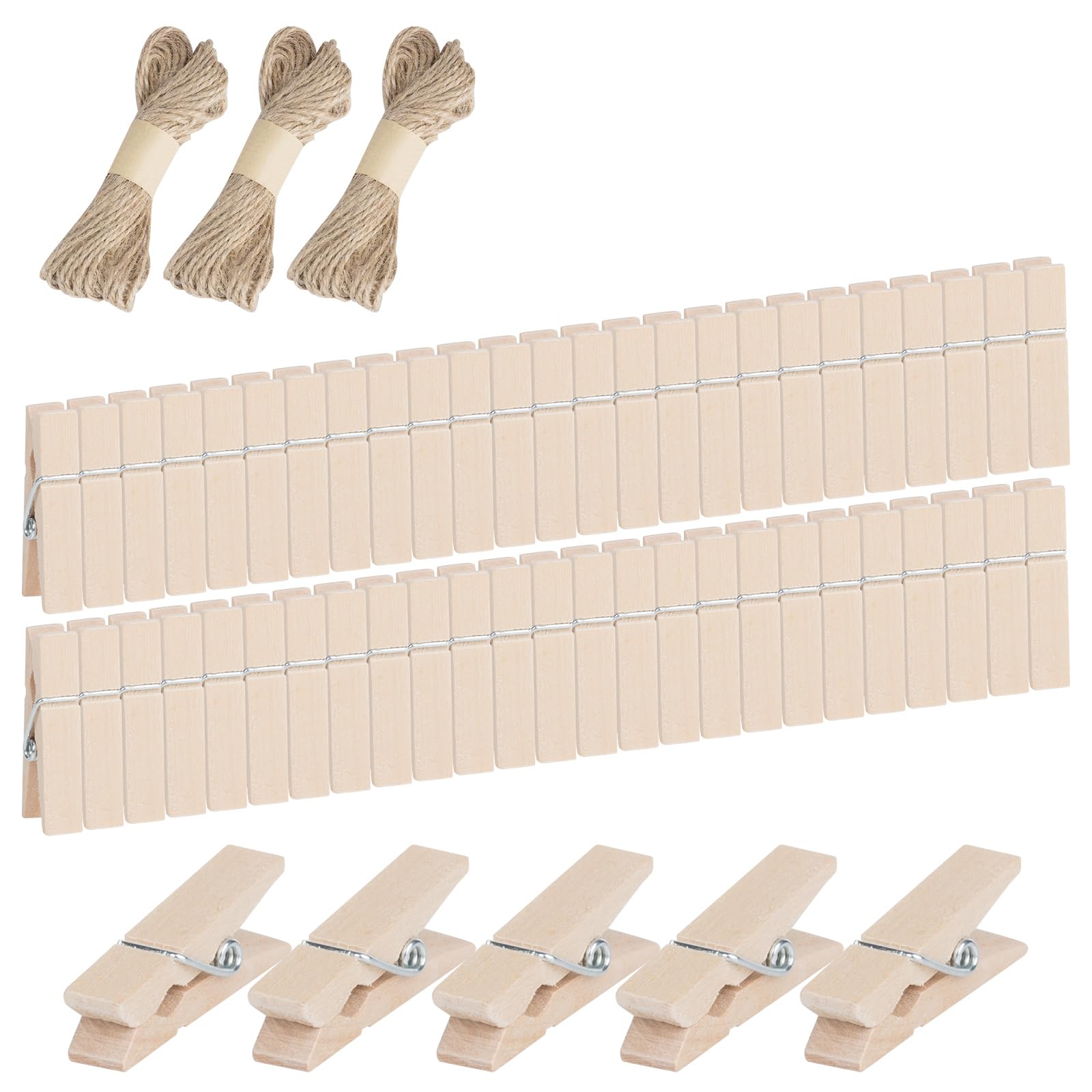 ONLYQIQIU 100PCS Mini Wooden Pegs 3.5CM Photo Display Clips, Small for Photos Pictures Cards Notes Hanging, Arts and DIY Crafts, Home/Party Decorations (30M Jute String Included), Natural